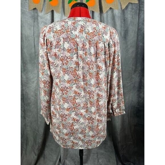 LOFT Blouse Womens Medium Brown Long Sleeve Floral Semi Sheer Tie Neck - Picture 5 of 7